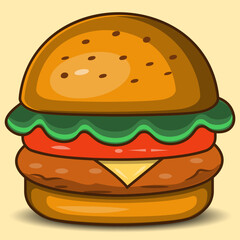 A cartoon style illustration of a delicious burger with a soft yellow background. Designed in a retro flat art style with bold outlines and warm tones. Perfect for fast-food branding and design.