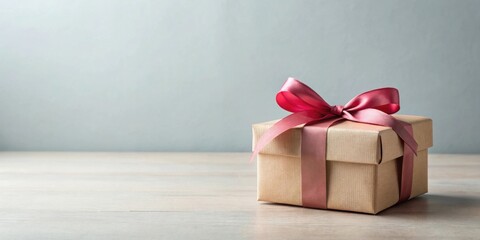 A thoughtfully wrapped gift box with a delicate pink ribbon, resting on a light wooden surface against a muted background