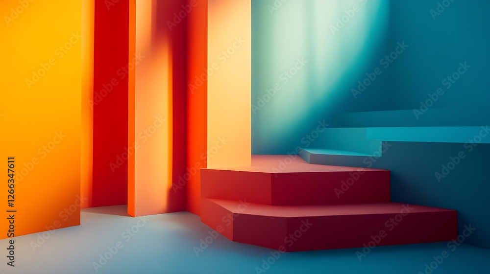Aufkleber Stylish abstract interior with colorful walls and interesting staircase design : Generative AI