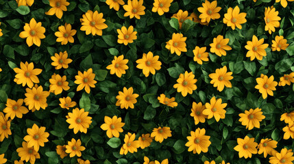 vibrant field of yellow flowers surrounded by lush green leaves creates cheerful and lively atmosphere. This beautiful scene captures essence of nature beauty and abundance