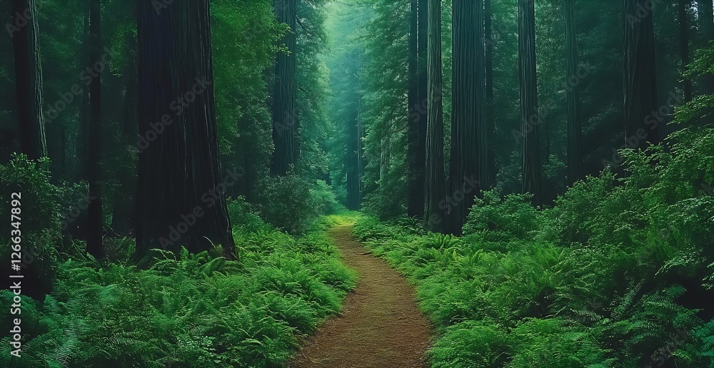 Aufkleber majestic redwood forest pathway surrounded by lush green ferns and trees : generative ai