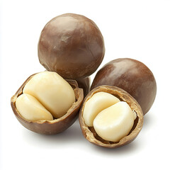 Macadamia Nuts: Freshly harvested macadamia nuts, both whole and shelled, revealing the creamy white kernels. A delectable display of a gourmet snack.