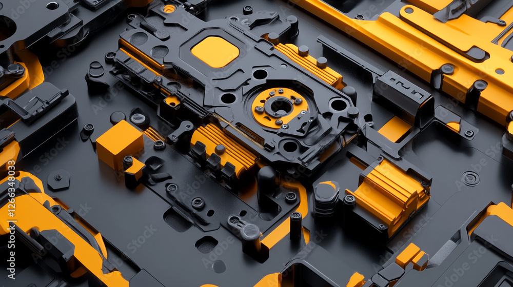 Poster intricate yellow and black mechanical components in a close-up pattern view. high-definition close-u
