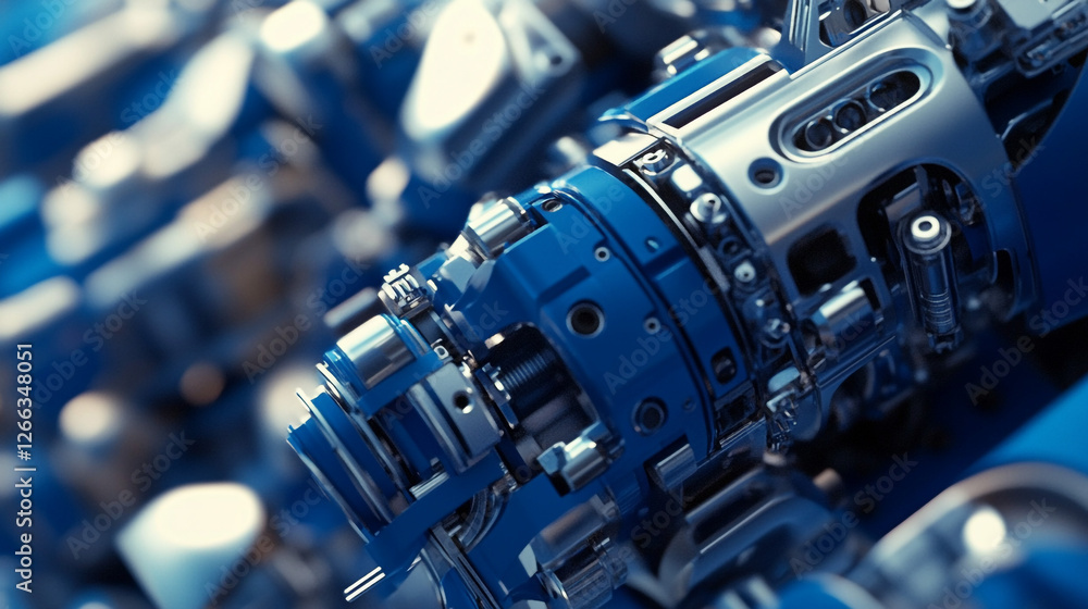 Poster intricate mechanical engine component for precision engineering. a close-up view of a blue mechanica