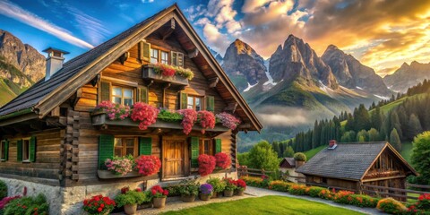 Fototapeta premium Scenic Mountain Vista with Charming Wooden Cottage Adorned with Vibrant Flower Boxes