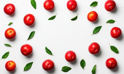 Fresh red apples arranged artistically with green leaves on a clean white background