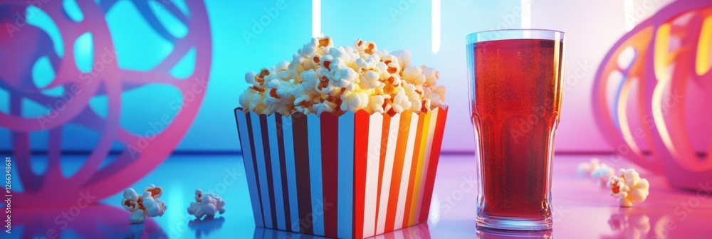 Aufkleber Enjoying a colorful snack setup with popcorn and a drink at a modern themed event. Generative AI