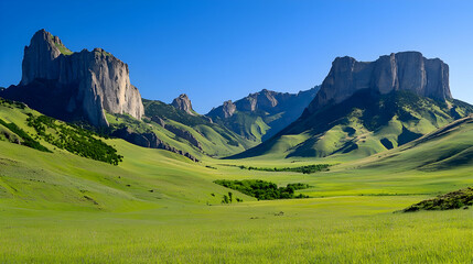 Obraz premium Mountain valley panorama, sunny day, green meadow, clear sky, nature landscape