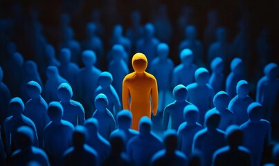 A person made of yellow clay stands out among blue people, standing in the center of an orange crowd, symbolizing a unique personality and characteristics that make one stand out from others.