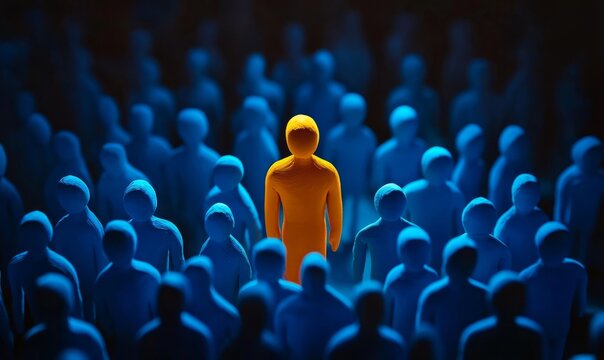 A person made of yellow clay stands out among blue people, standing in the center of an orange crowd, symbolizing a unique personality and characteristics that make one stand out from others.