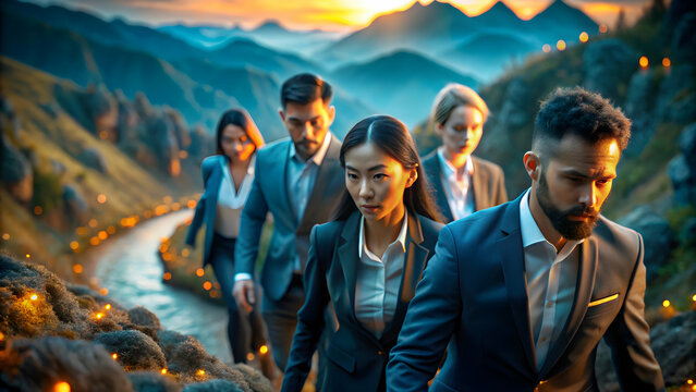 Business Team Navigating Challenging Landscape: Symbolizing Teamwork and Overcoming Terrain Obstacles