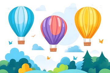 Colorful hot air balloons over landscape, children's illustration