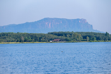 Phu Langka mountain look through Bueng Khong Long the largest frehwater reservoir in Bueng Kan province of Thailand.