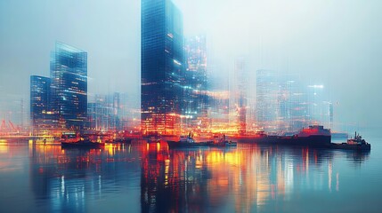 Dreamy representation of a modern cityscape with blurred lights and boats in the water : Generative AI