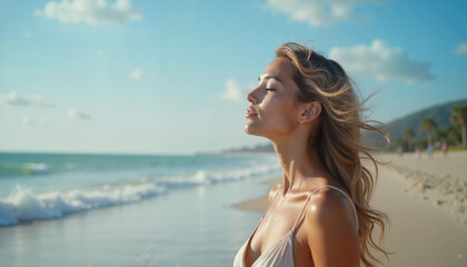 Naklejka premium Young woman enjoying the sea breeze and sunshine on the beach with serene expression
