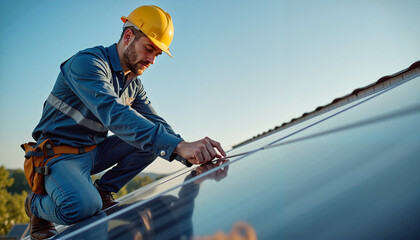 Fototapeta premium Worker installing solar panels on roof with focus on safety and innovation