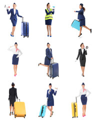 Fototapeta premium Set of beautiful stewardesses on white background