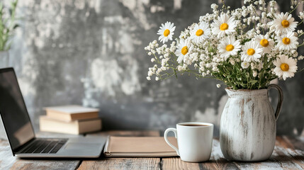 Workplace with laptop, cup of tea and bouquet of daisies on wooden table on grey background. Copy space. 
