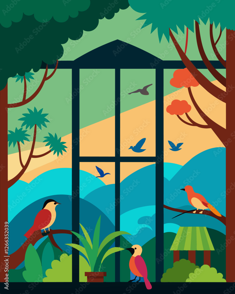 Poster through the large windows of the bungalow one can catch glimpses of colorful birds and exotic animal