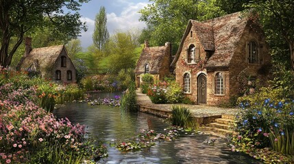 Obraz premium Quaint cottages by a tranquil stream in a sunlit garden. Possible use greeting card, wallpaper, desktop background