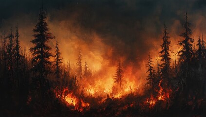 Fototapeta premium Forest fire at night, flames engulfing trees, dramatic sky