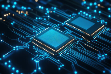 Obraz premium Connected blue circuits with two processors create vibrant technological scene, showcasing intricate details and glowing pathways