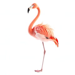 Fototapeta premium Elegant Pink Flamingo Bird Standing on One Leg Isolated on White Background