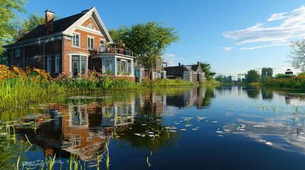 Obraz premium Dutch village houses reflected in calm canal, vibrant flowers, clear sky