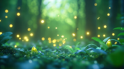 mystical forest scene with glowing lights and lush greenery creates serene atmosphere. vibrant plants and soft bokeh effect enhance enchanting feel of nature