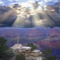 Majestic Grand Canyon Cross at Sunset with Divine Light Rays