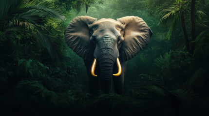 elephant with golden tusks stands majestically in lush jungle, surrounded by vibrant greenery and tropical plants, evoking sense of wonder and tranquility