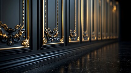 Obraz premium Elegant black and gold ornate wall design with intricate details and polished flooring