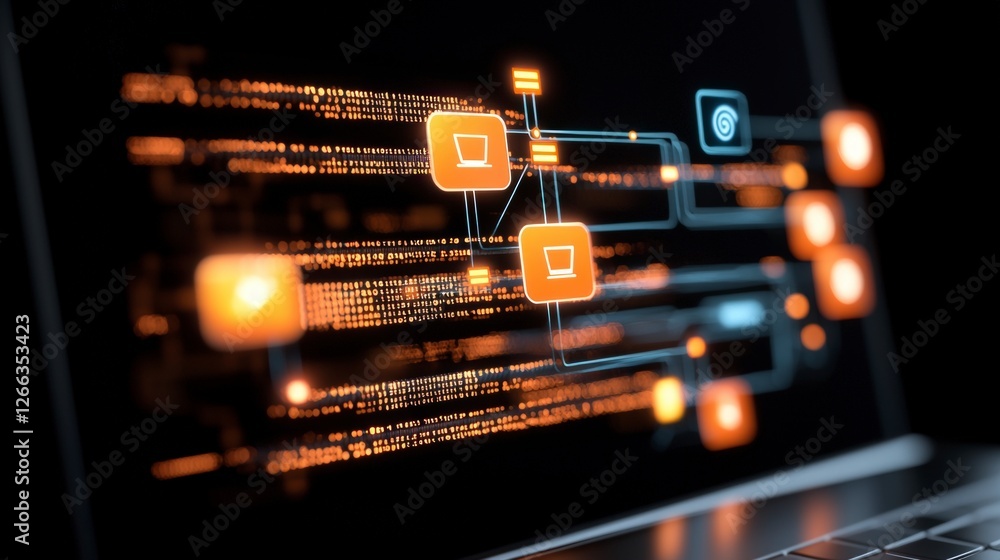 Poster digital network code technology data abstract orange glow connections laptop scree
