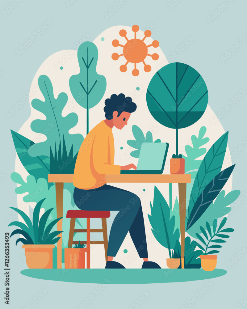 Poster with a small desk set up a the plants a freelancer creates a cozy and charming workspace within the 