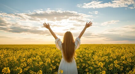 Fototapeta premium A young woman jumps carefree in a sunlit yellow and green meadow, arms outstretched to the blue summer sky 3