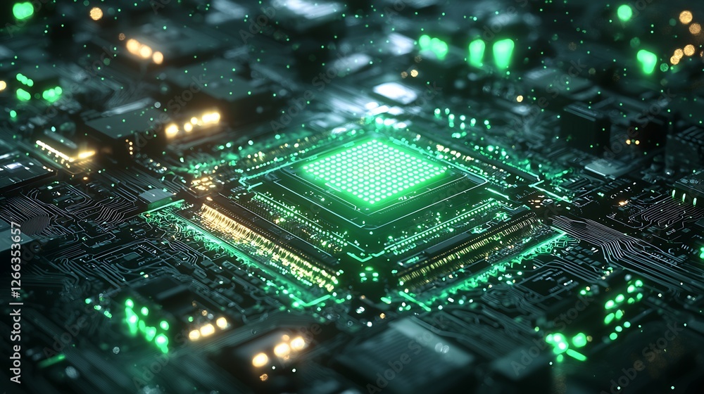 Aufkleber futuristic microchip circuitry with vibrant green lights and intricate technological details : gener