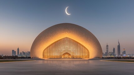 Obraz premium Illuminated Mosque Dome Crescent Moon City Skyline Night