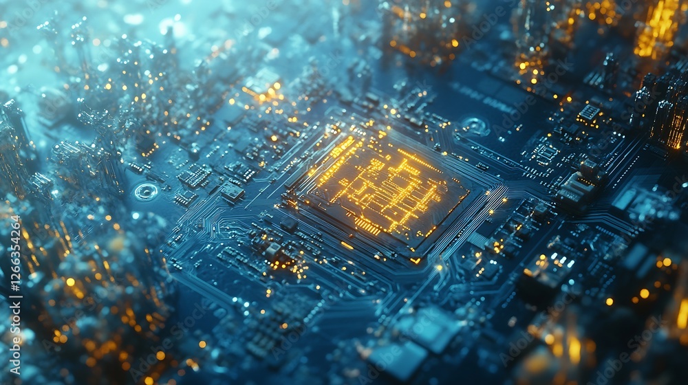 Poster Detailed overview of an electronic circuit board with bright illuminations and complex networks : Generative AI