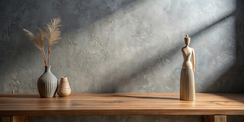 Serene Wooden Figurine and Dried Flowers on a Rustic Wooden Table Against a Textured Wall
