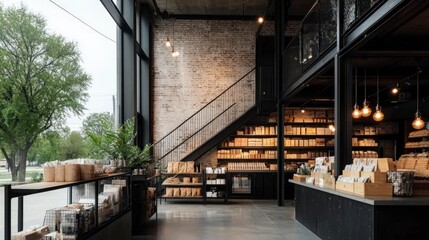 Obraz premium Industrial Chic Retail Store Interior Brick Walls Metal Shelving Edison Bulbs