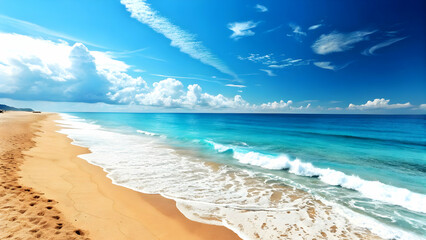 Obraz premium Clear Blue Sky Over Vibrant Beach: Perfect Stock Photo Concept