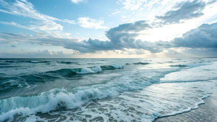 seascape and horizon and tide concept as Ocean horizon with tide coming in; symbolizes change opportunity; ample copy space for text. in  Photo Stock  Concept  and empty space on the left side 