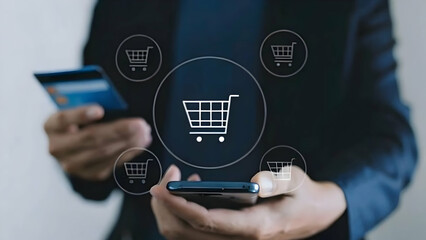 Digital Shopping Cart Icon with Payment Options: Checkout Concept