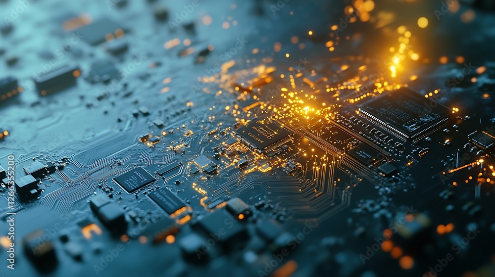 Poster Detailed view of a computer circuit board with illuminated components and vibrant energy sparks creating a tech vibe : Generative AI