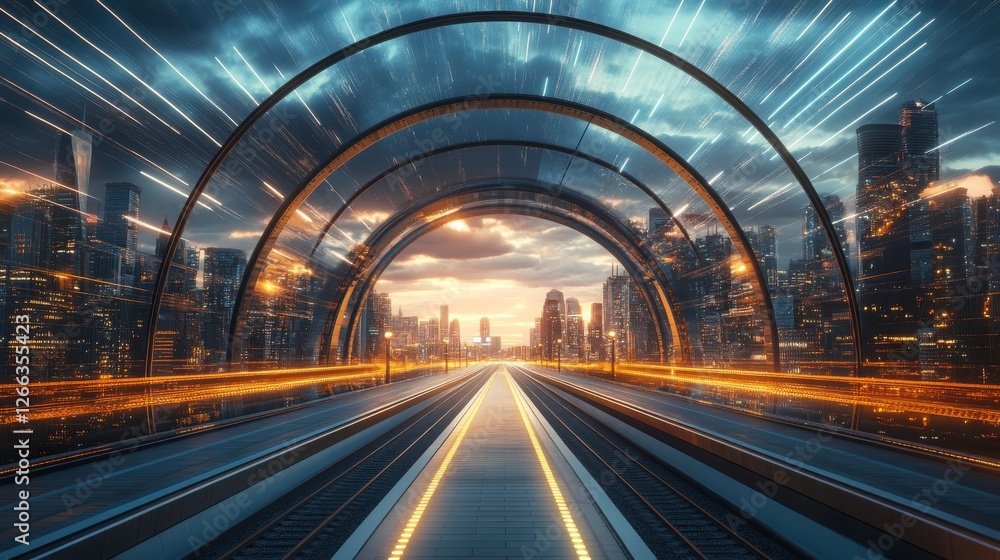 Aufkleber a futuristic cityscape with dynamic light trails and arching structures, suggesting speed and moveme