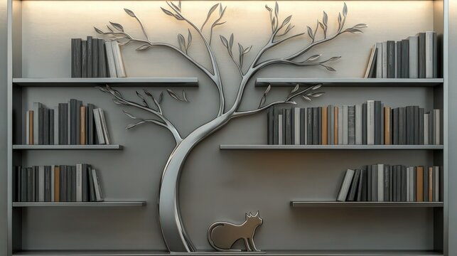 A modern bookshelf featuring a brushed stainless steel frame with large, horizontal shelves. 