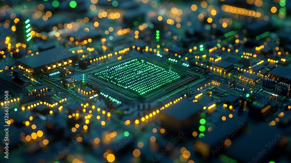 Poster Aerial perspective of an advanced circuit board enhanced by shimmering green lights and complex structures : Generative AI