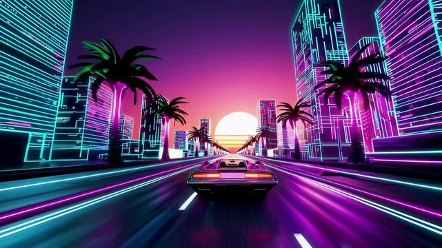 Retro futuristic cityscape with neon lights at sunset, synthwave concept