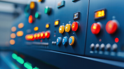 Close up of modern factory control panel with colorful buttons and lights, showcasing advanced technology and industrial design