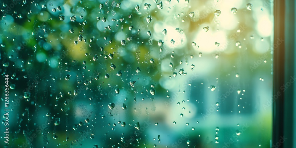 Poster raindrops on a window creating a serene atmosphere with nature in the background : generative ai